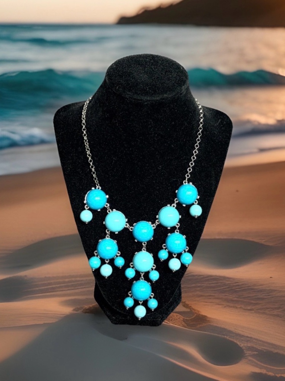 J. CREW Silver Tone Bubble Bib Statement Necklace Blue Turquoise GLOWS Y2K
